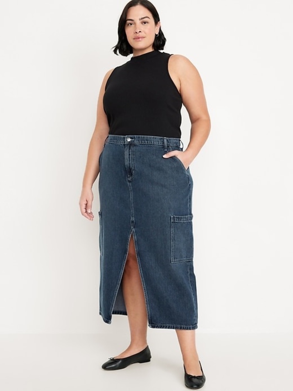 Old Navy Mid Rise Drapey Denim Anika Column Cargo Midi Skirt Size 16 Front Slit